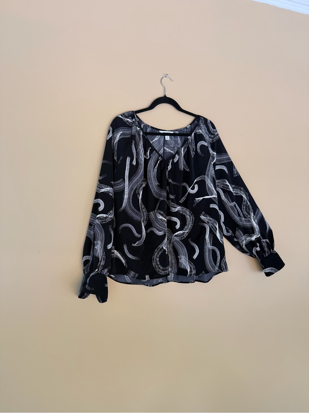 Nine West Black Blouse with White Brushstroke Print